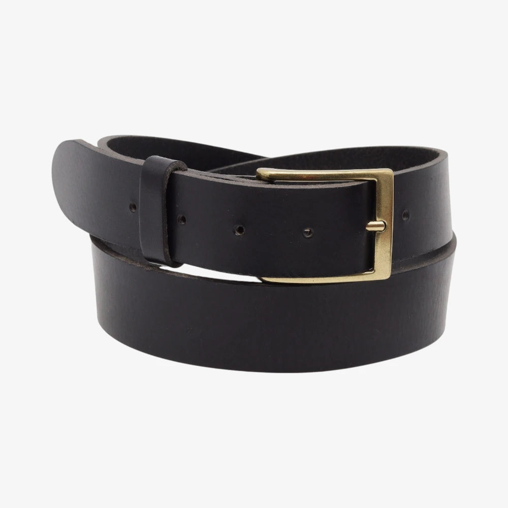 Black leather belt with a gold buckle on a white background