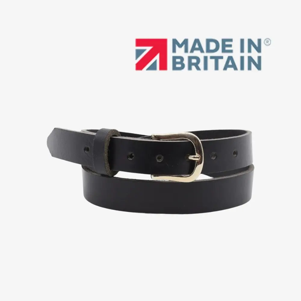 Black leather belt with a gold buckle on a white background, featuring 'Made in Britain' logo.