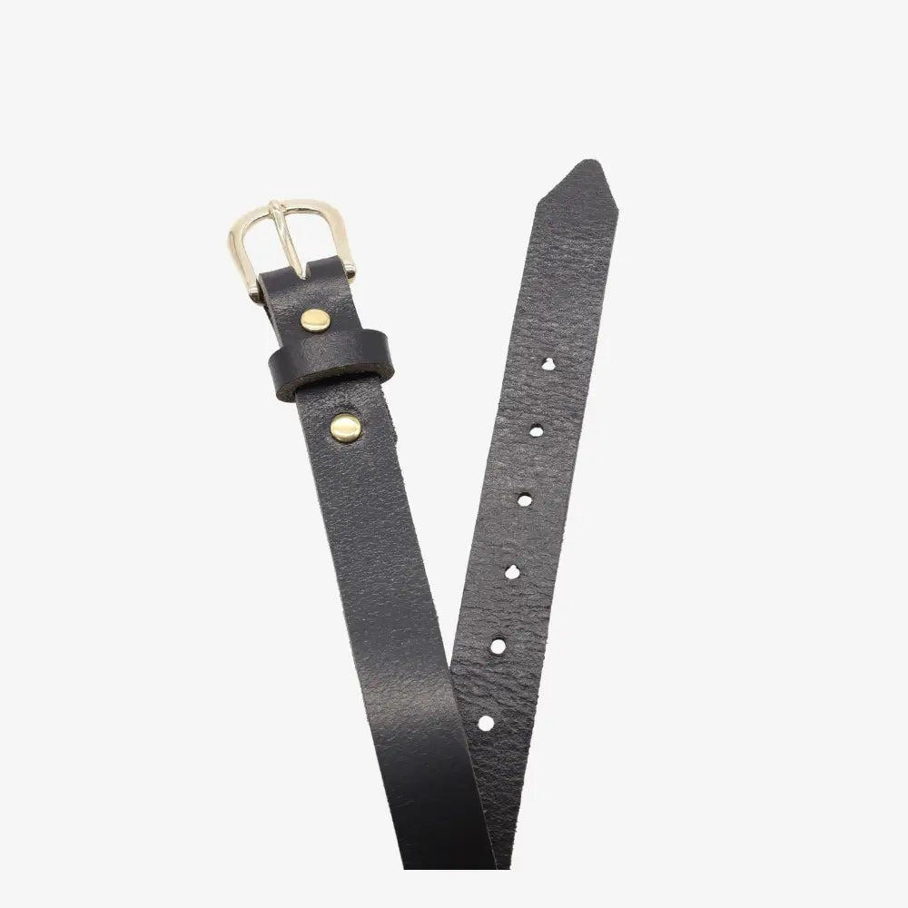 Top angle view of Black leather belt with brass buckle on a white background