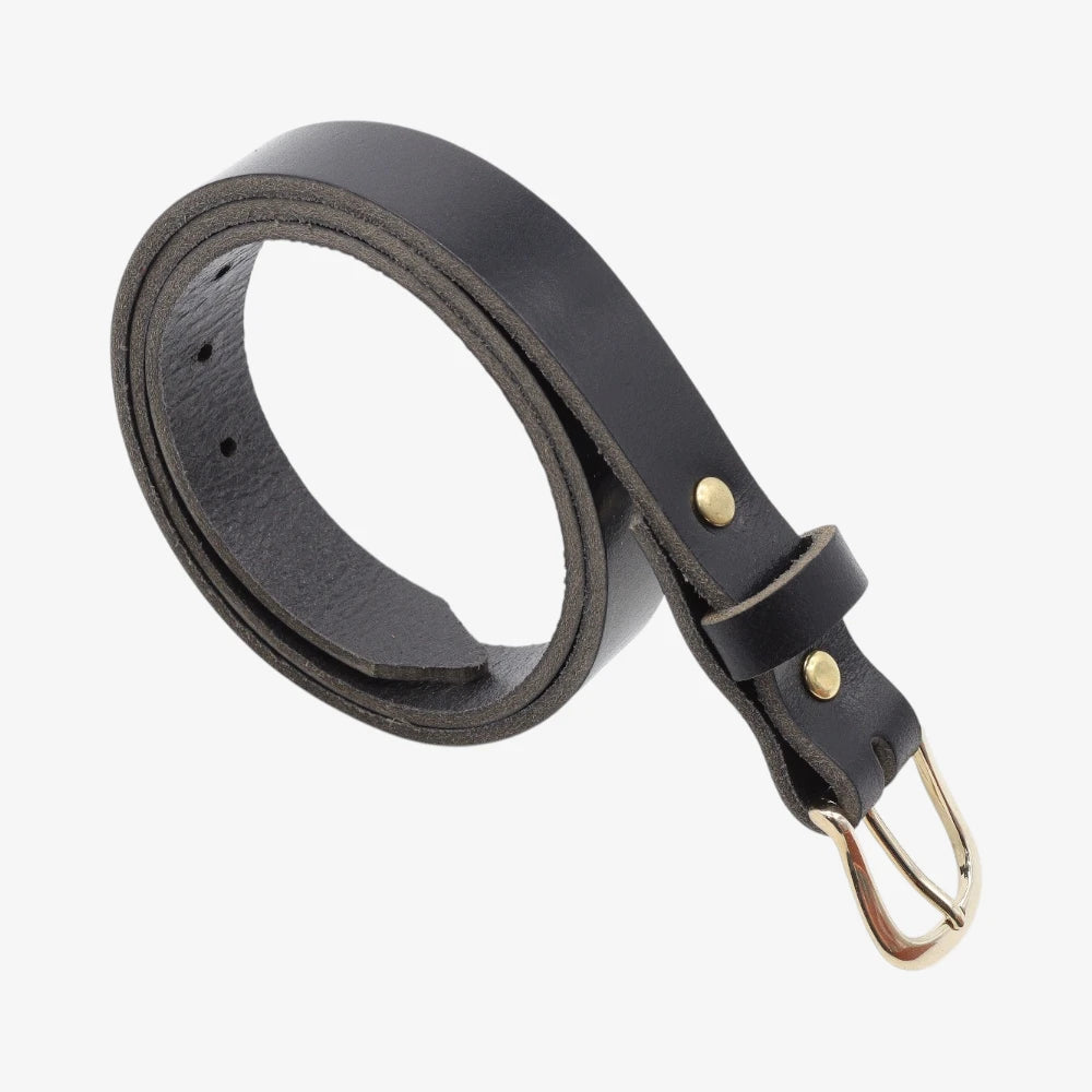 Black leather belt with gold hardware on a white background