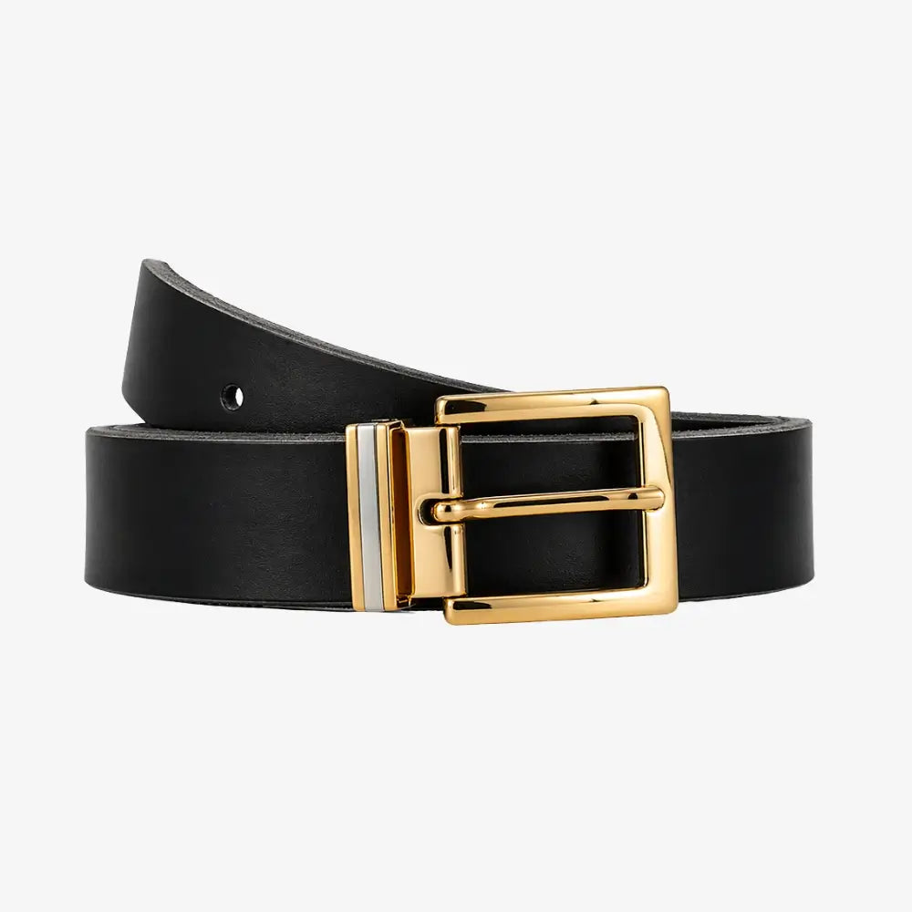 Front view of Black leather belt with a gold buckle on a white background