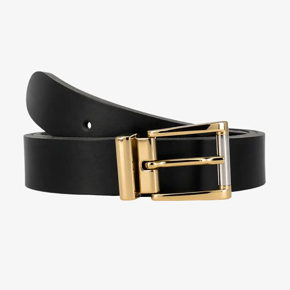 Front view of Black womens signature frame leather belt on agrey background