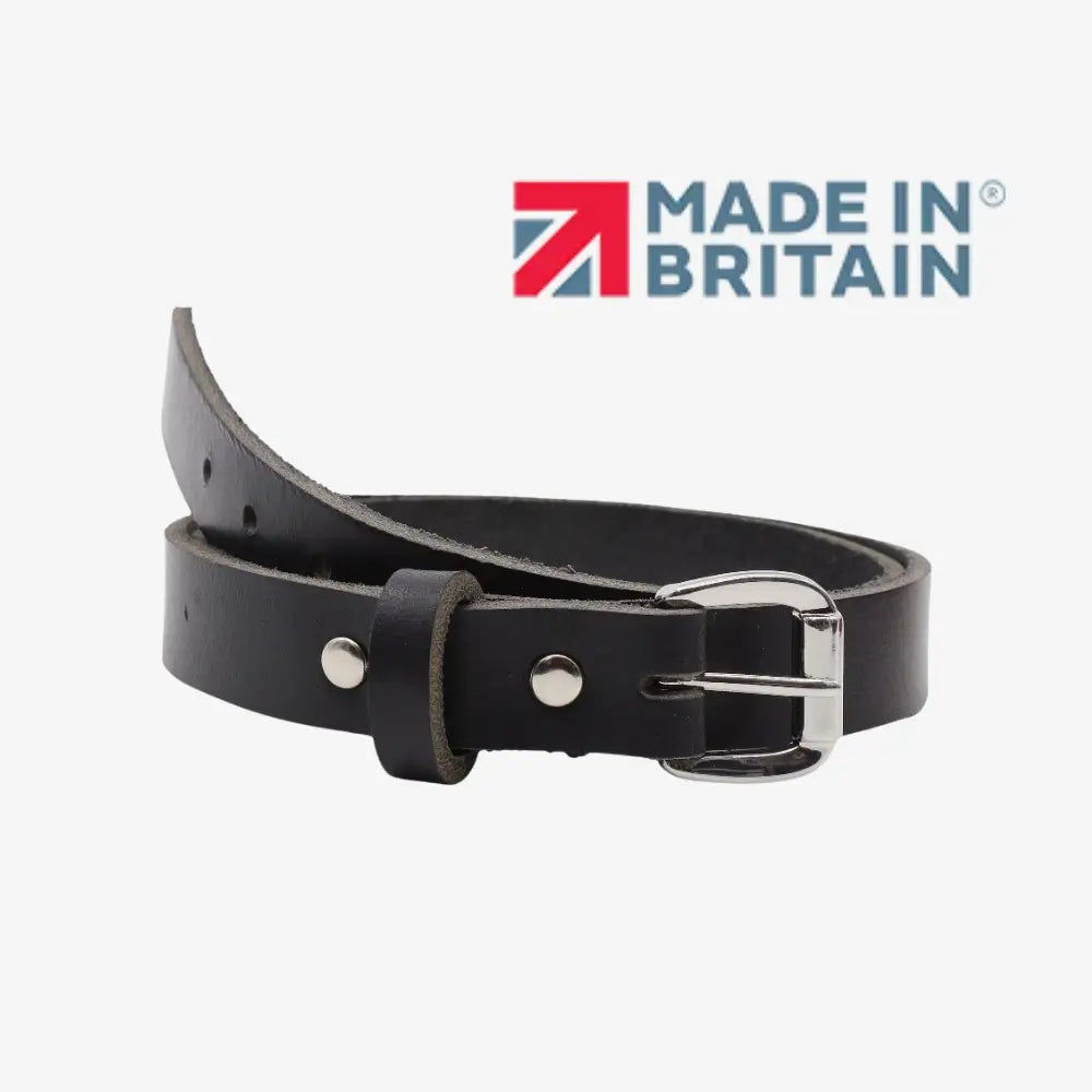 Black leather belt with silver buckle on a white background, featuring 'Made in Britain' logo.