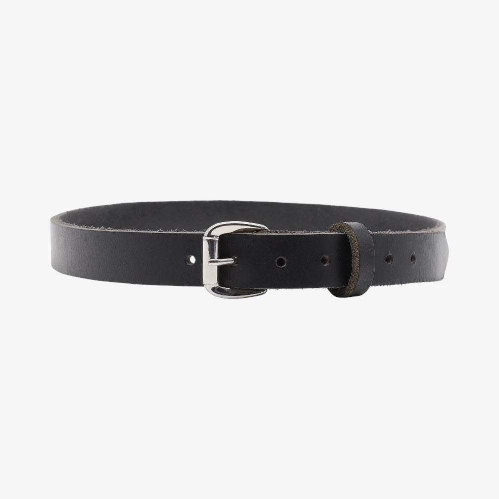 Full width view of Black slim leather belt on a white background