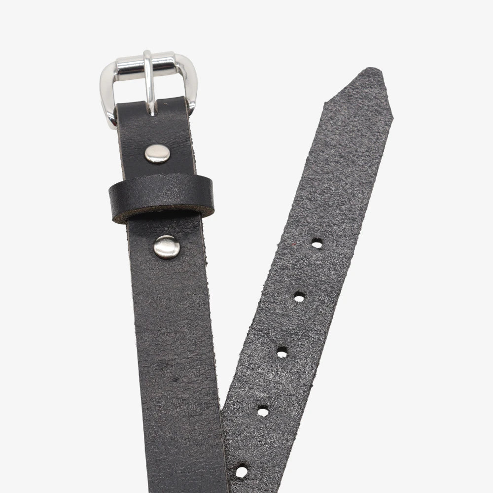 Top angle view of Black leather belt with silver buckle on a white background