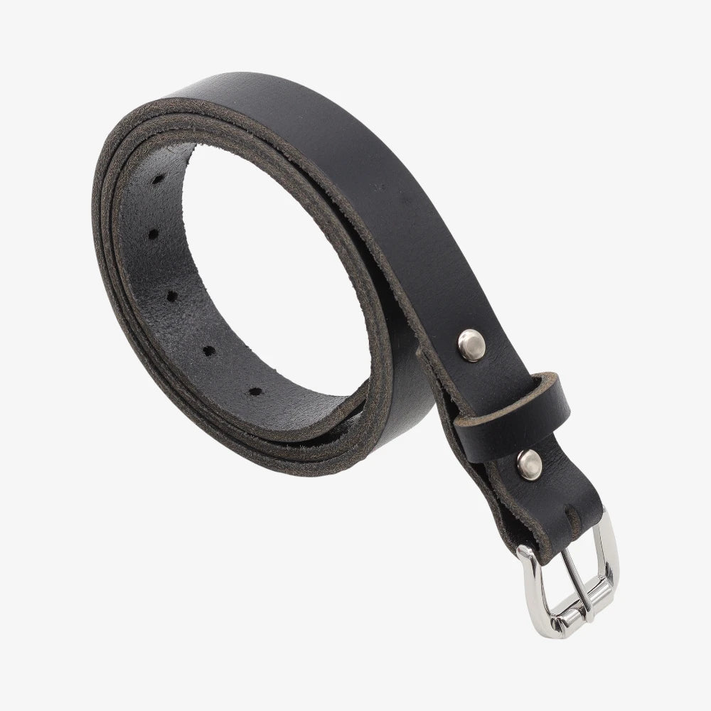 Black leather belt with silver buckle on a white background