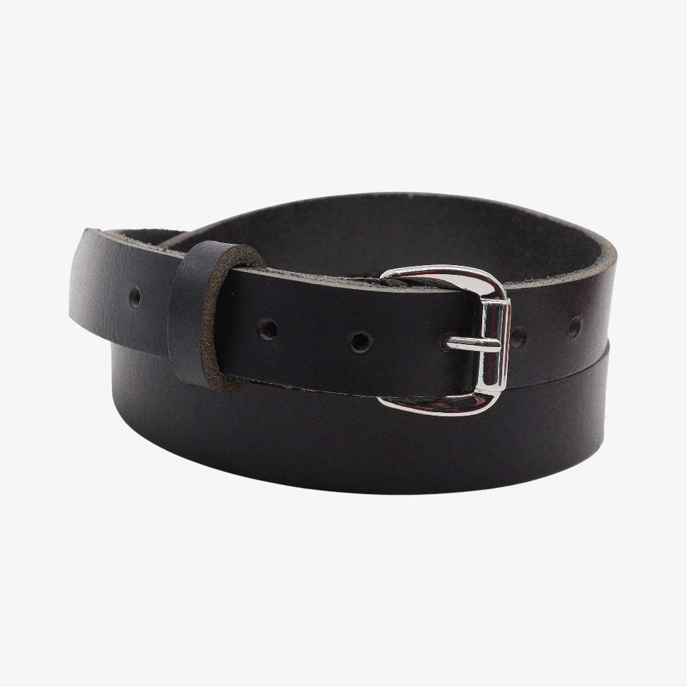 Black leather belt with a silver buckle on a white background