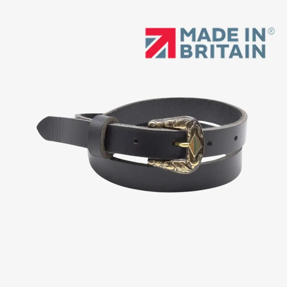 Front view of Black leather women slim belt antique brass horse buckle on a grey background