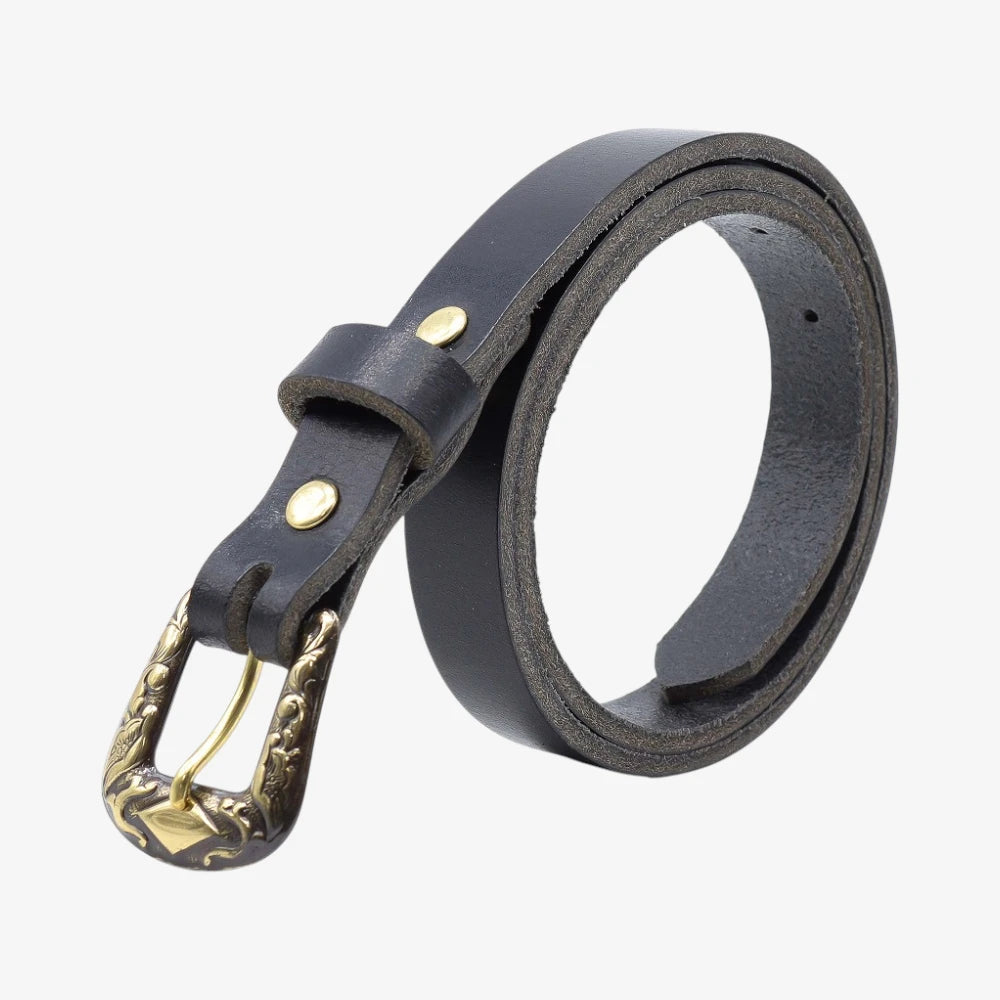 Black leather women slim belt antique brass horse buckle on a grey background