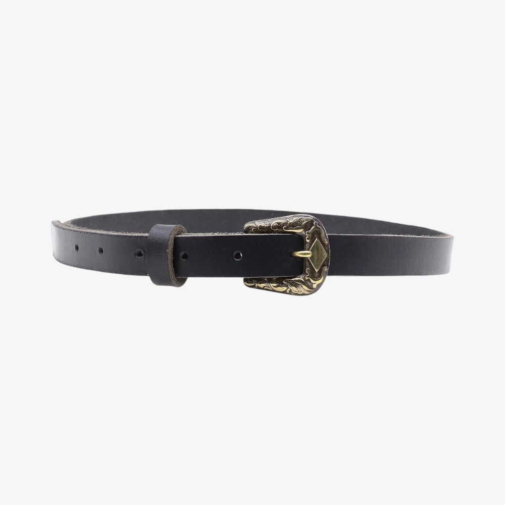 Full width  view of Black leather women slim belt antique brass horse buckle on a grey background