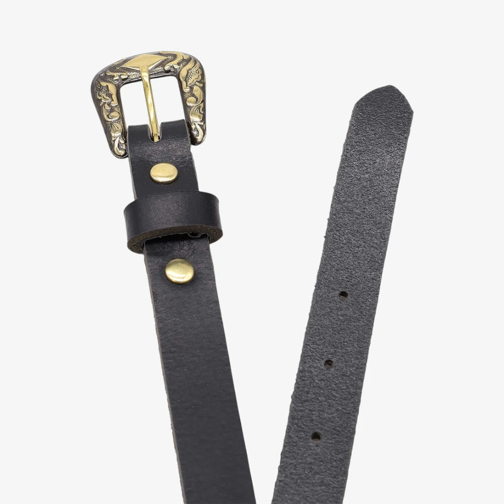Top angle view of Black leather women slim belt antique brass horse buckle on a grey background
