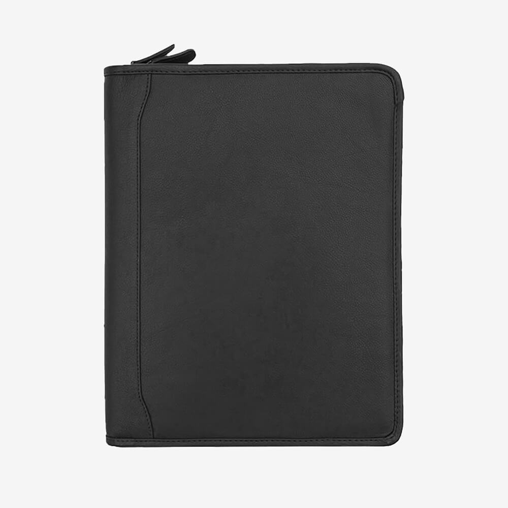 Black zippered folder on a white background