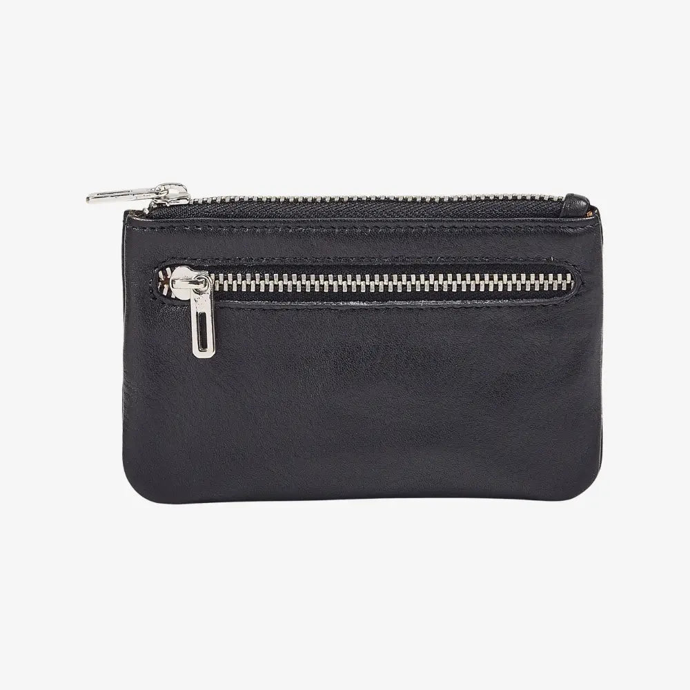Black real leather coin purse with twin zip compartments