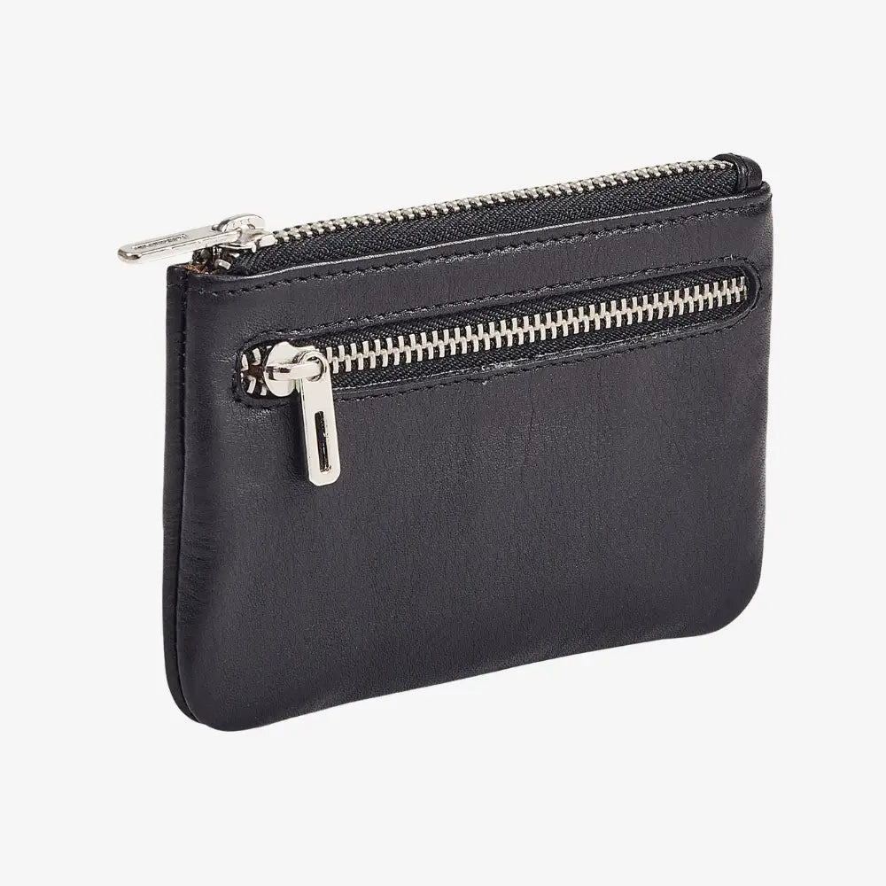 Black leather coin purse for women with double zip closure