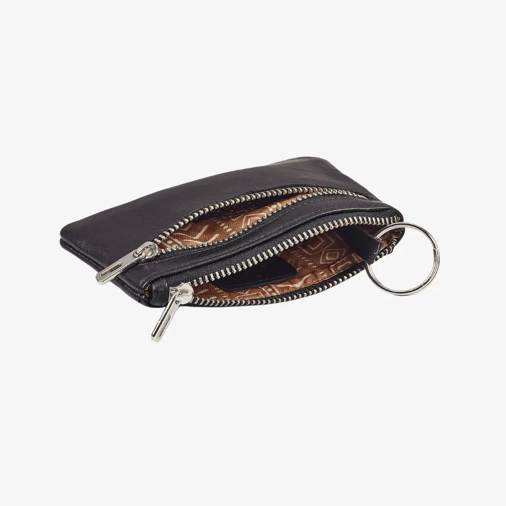 Black real leather coin pouch with two zipped sections