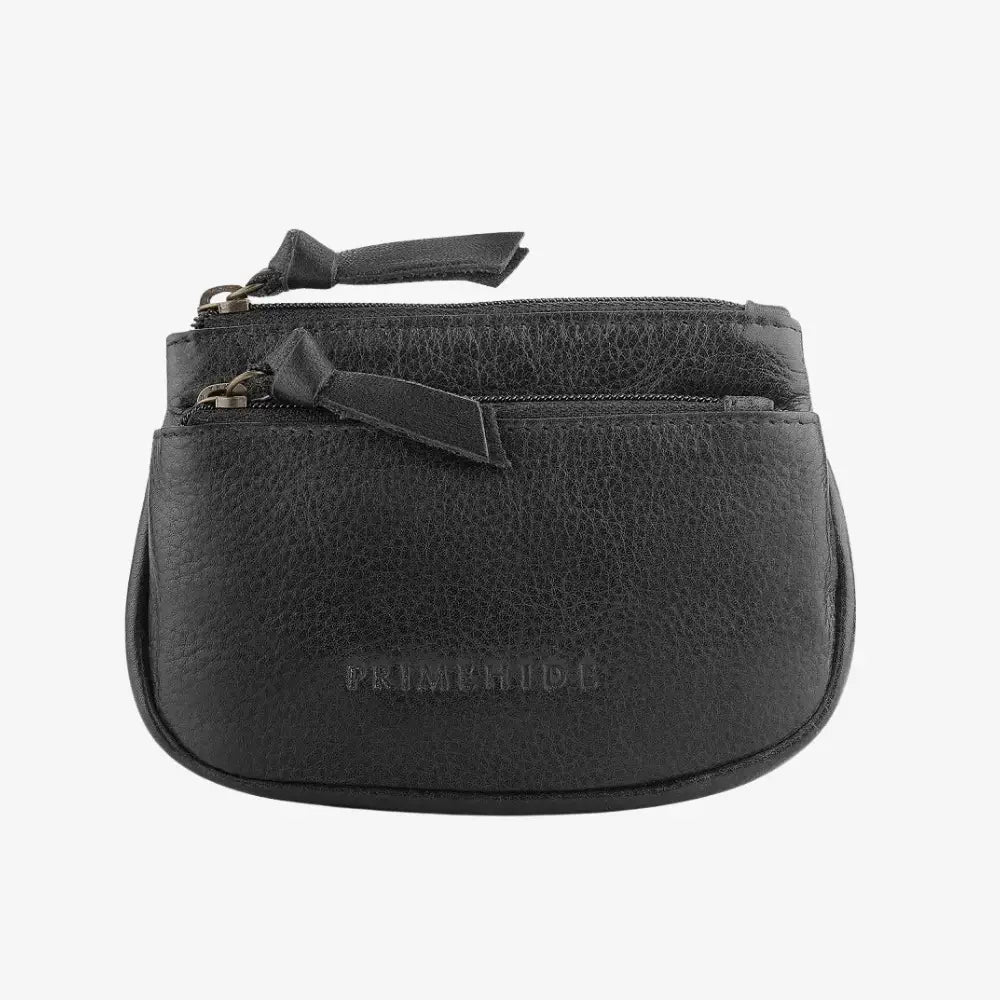 Black leather pouch with a zipper on a white background