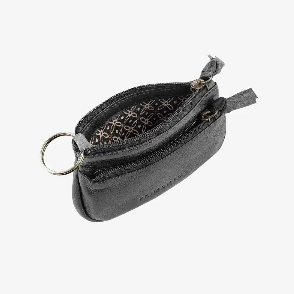 Black leather wallet with zipper on a white background