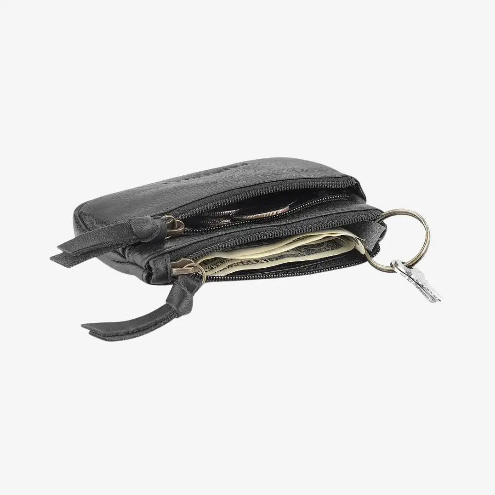 Black leather wallet with keychain on a white background