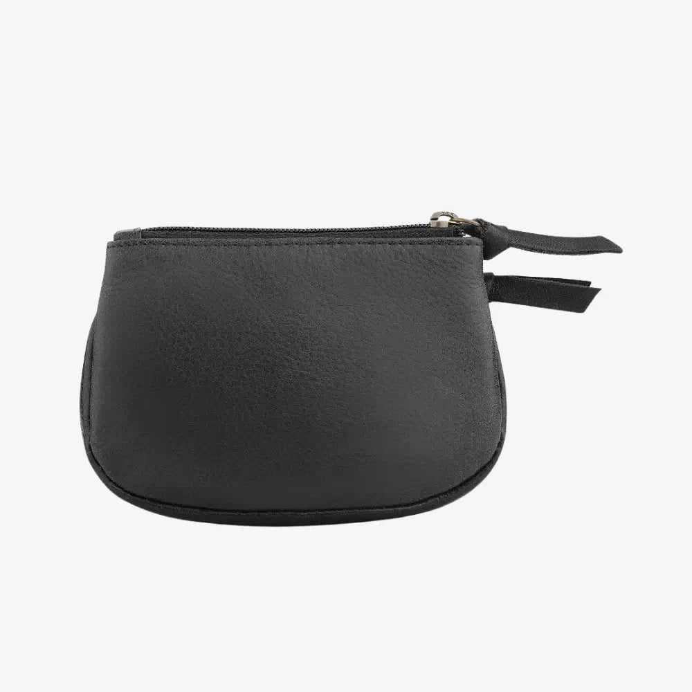 Black leather pouch with a zipper on a white background