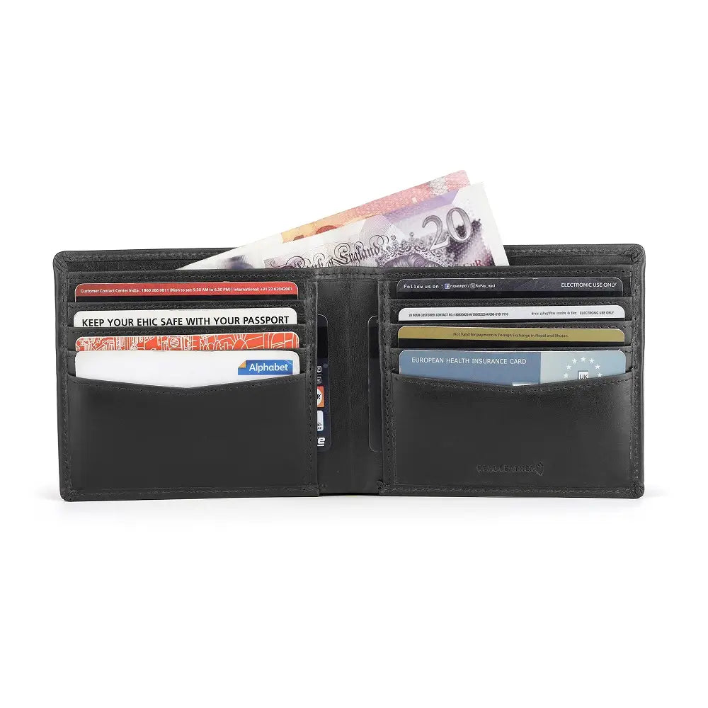 Black leather wallet with various cards and a banknote on a white background