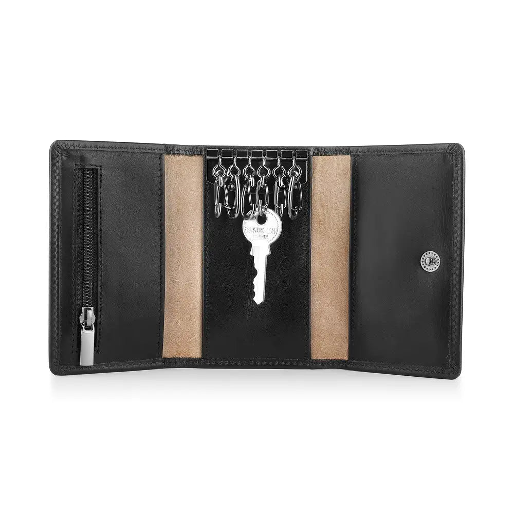 Open View of black leather key holder wallet