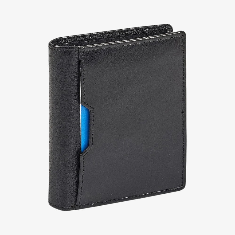 Black leather wallet with a blue interior pocket on a white background