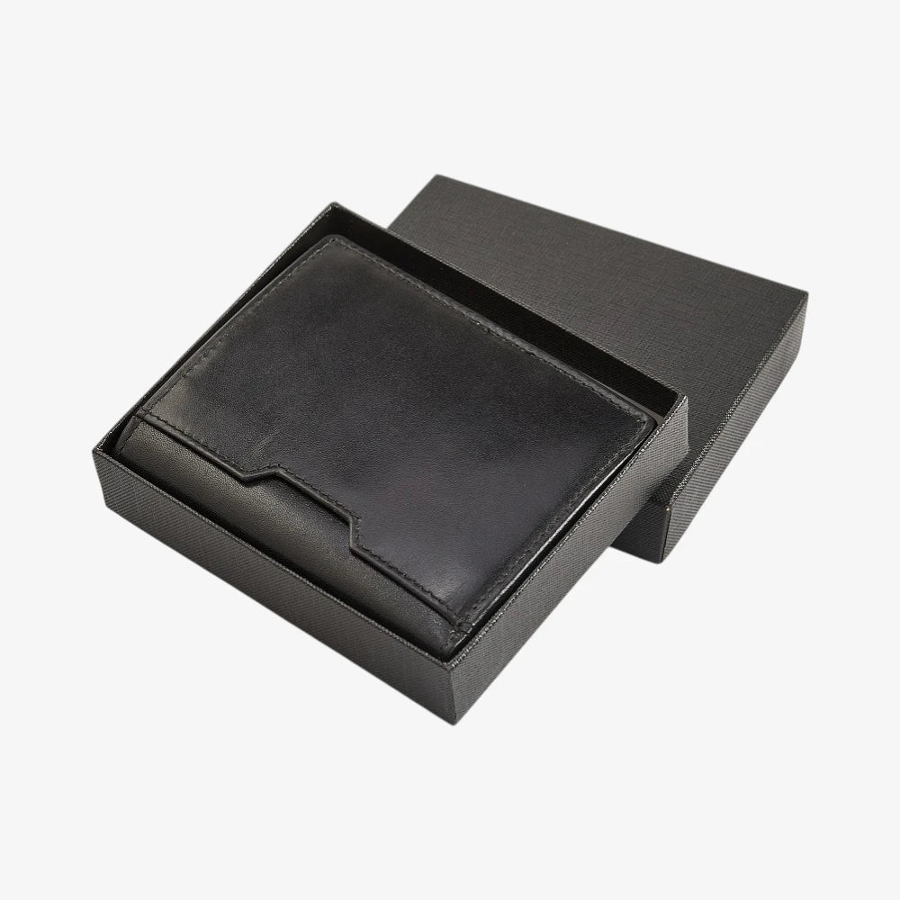 Black leather wallet in an open black box on a white background