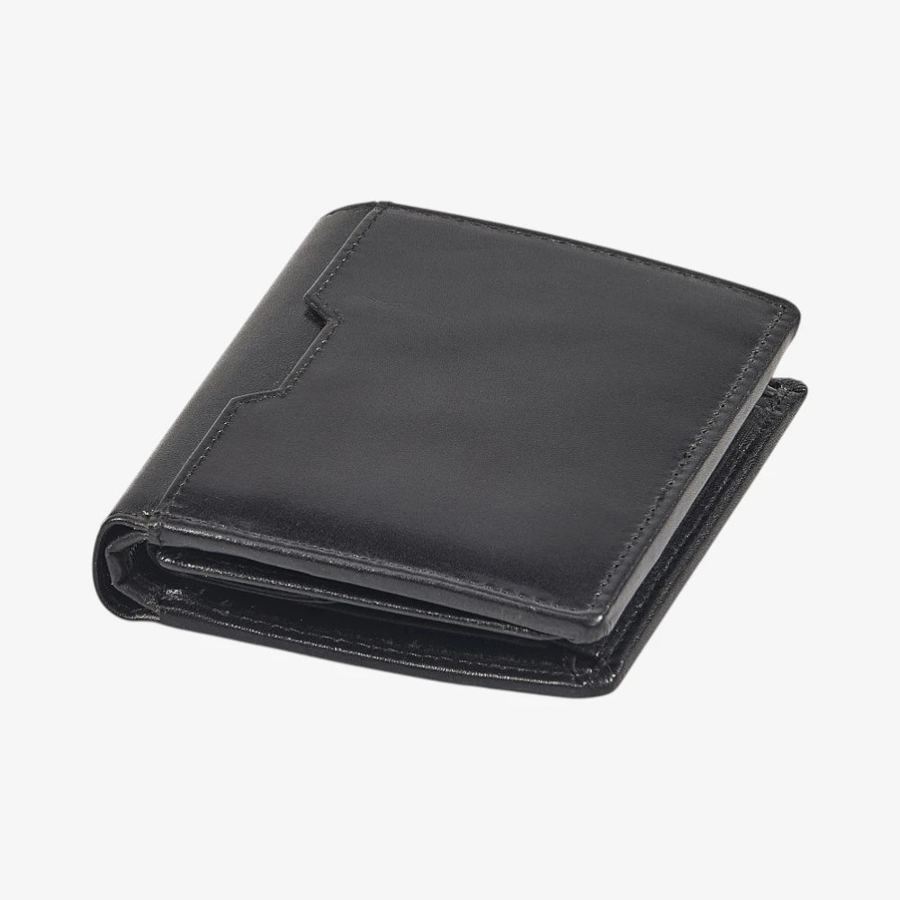 Top view of Black leather wallet on a white background
