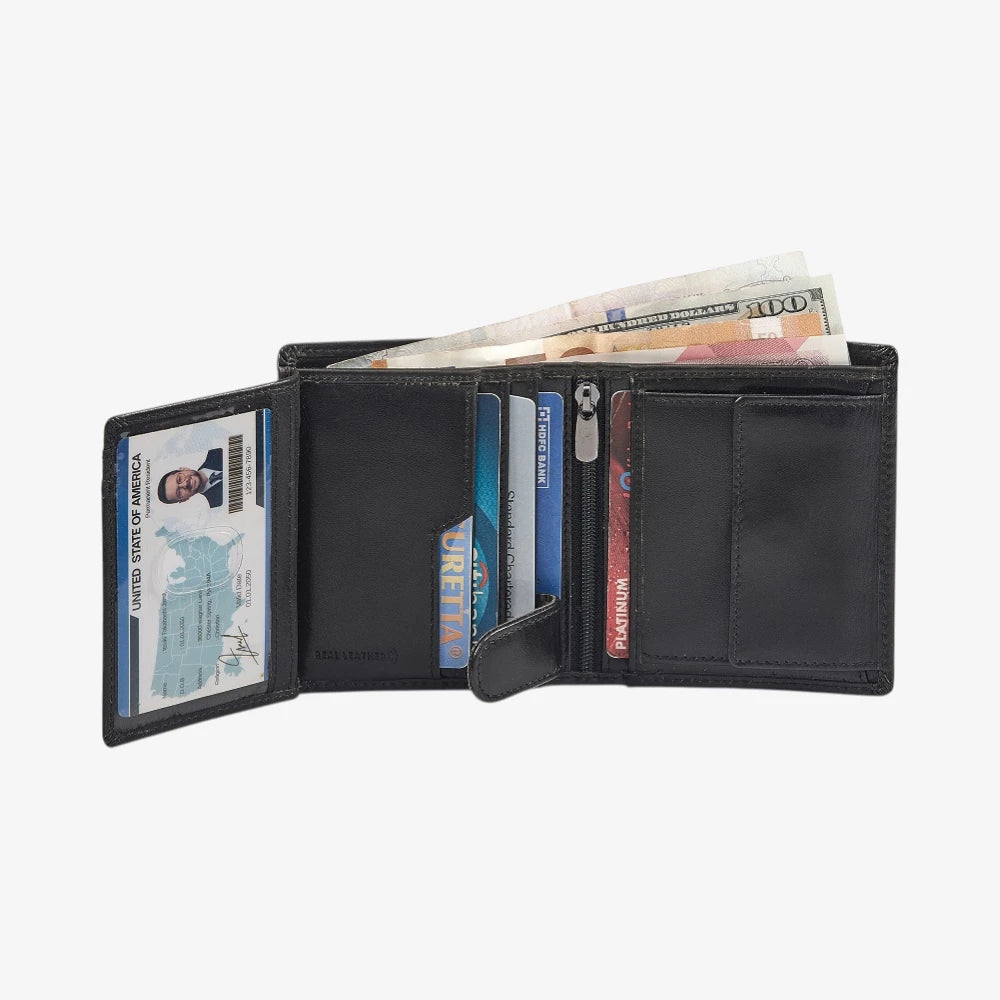 Black wallet open to show card slots and bill compartment on a white background