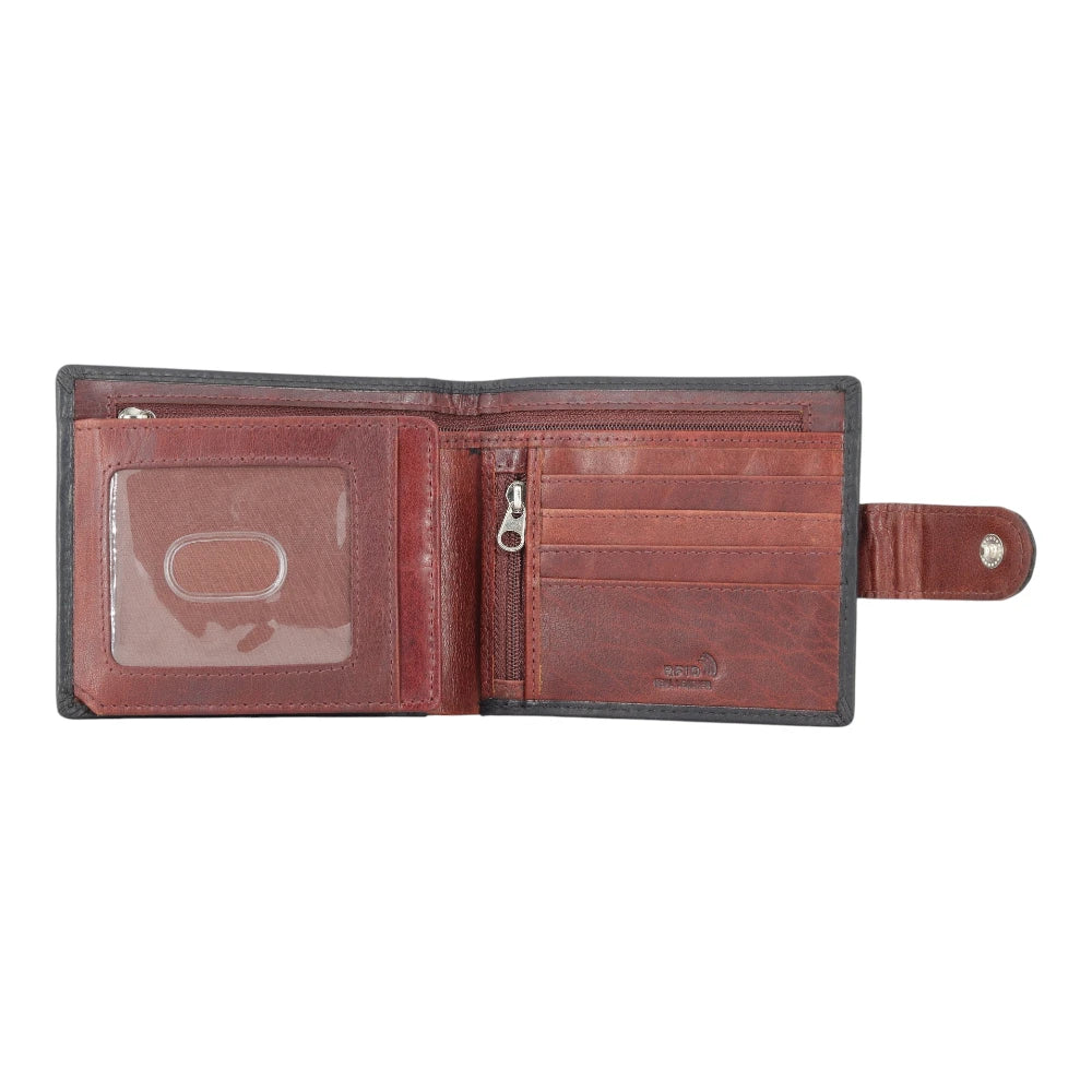 Open view of Black leather wallet with multiple compartments on a white background