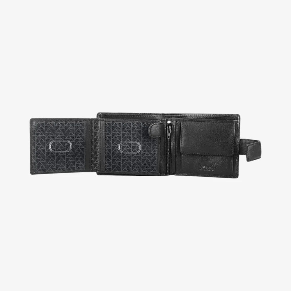 Open view of Black Leather trifold wallet on a white background