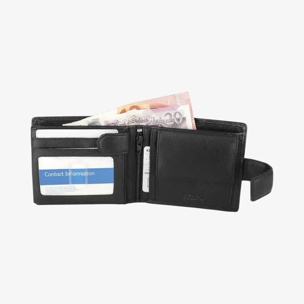 Black leather wallet with money and card holder on a white background