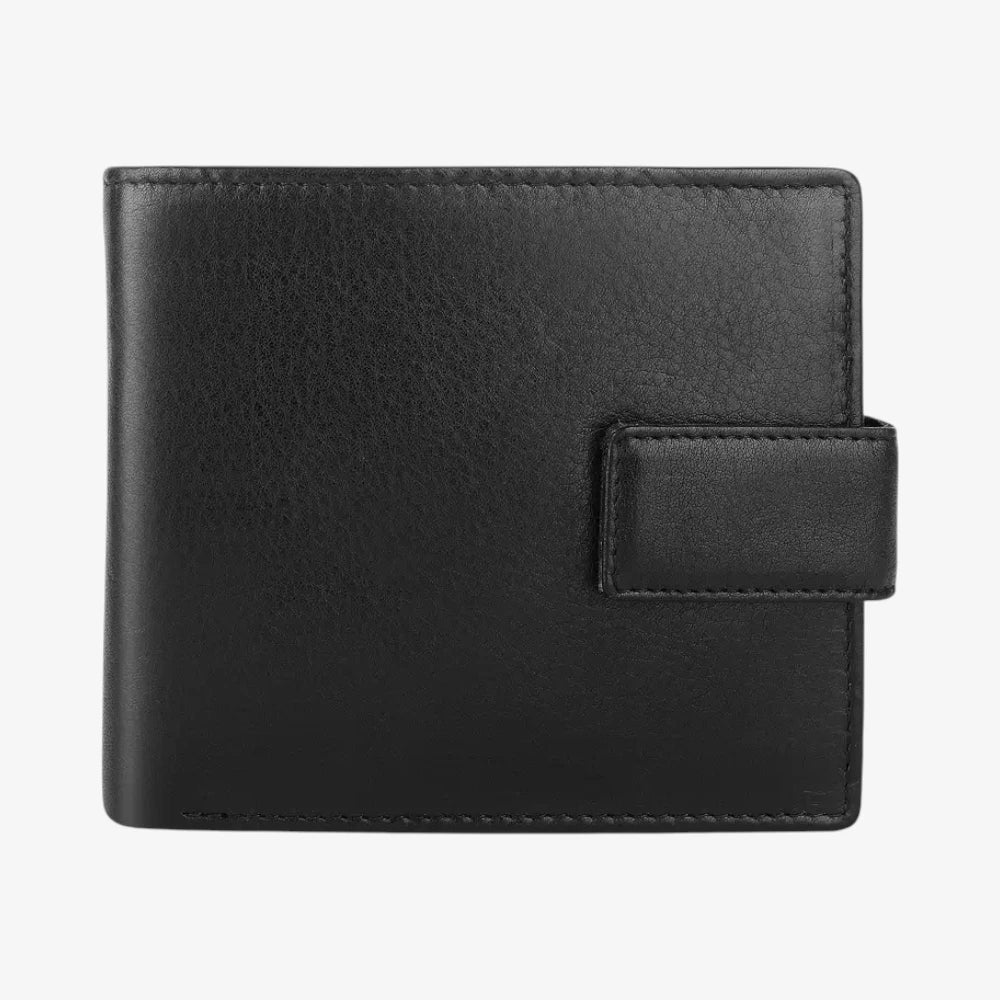 Front view of Black leather wallet on a white backgroundon