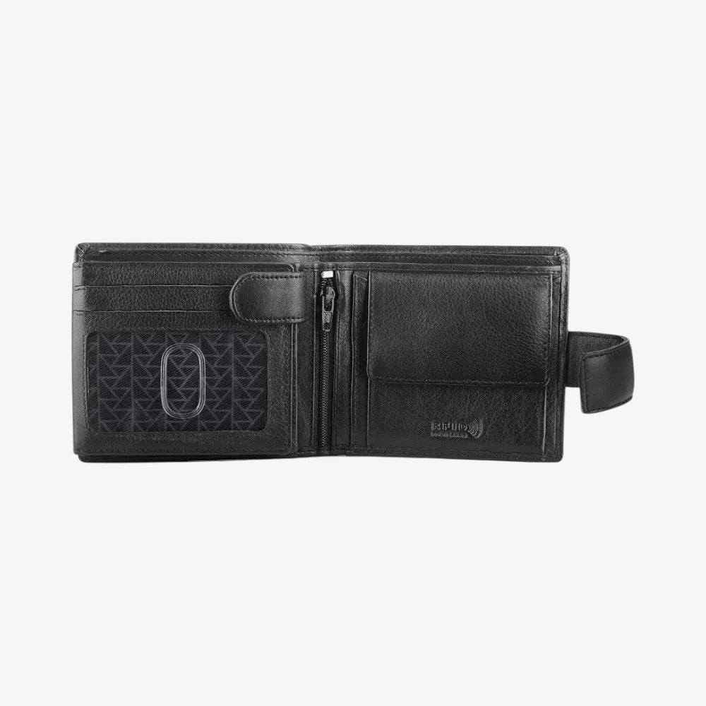 Black leather wallet with geometric pattern on a white background