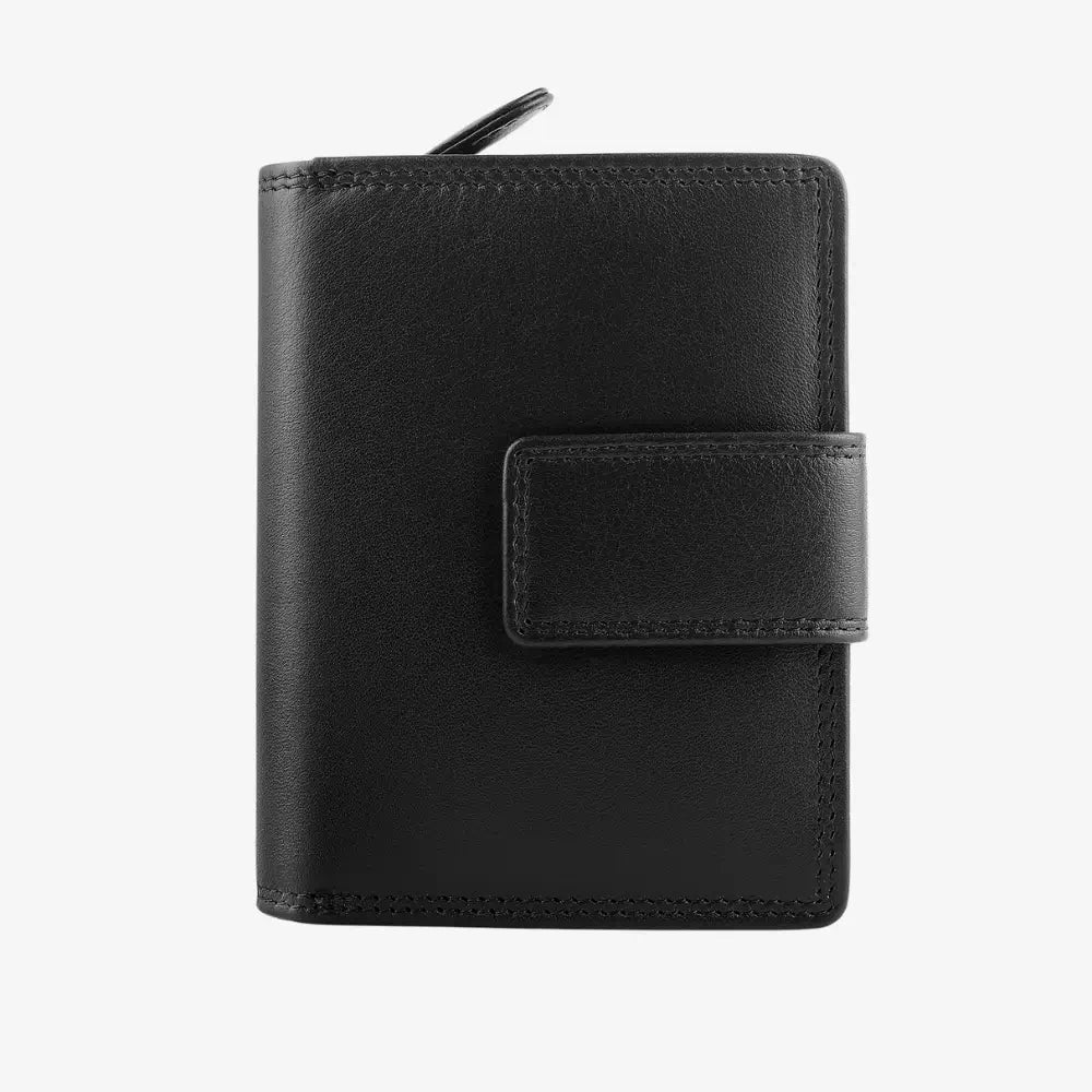 Soft black leather trifold purse with secure tab fastening – front view