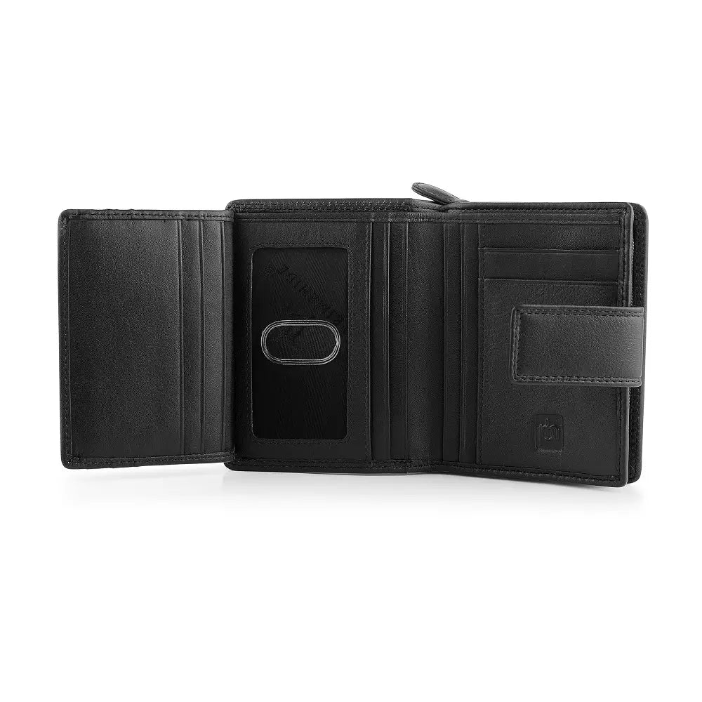 Soft navy leather trifold purse with secure tab fastening – open view