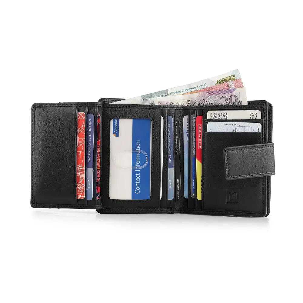 Soft navy leather trifold purse with secure tab fastening – organised view