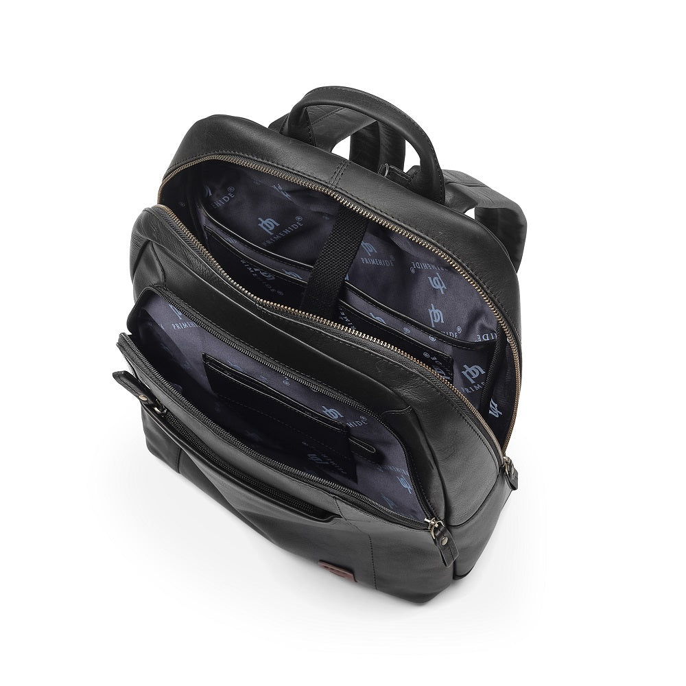 Black backpack with open front compartment on a white background