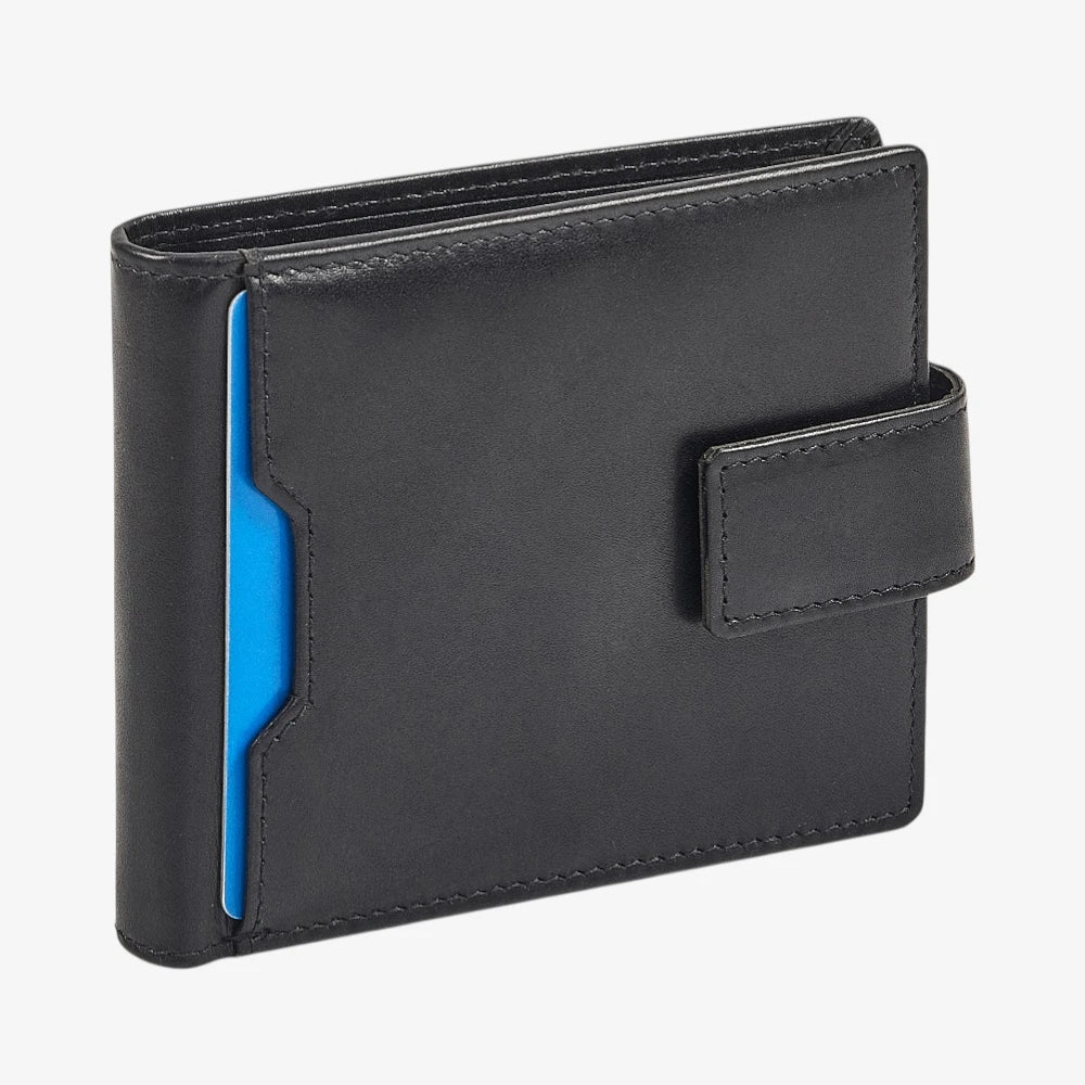 Black leather wallet with a blue accent on a white background