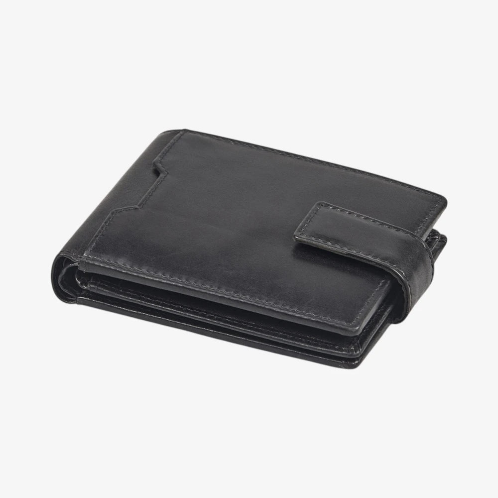 Top view of Black leather wallet on a white background