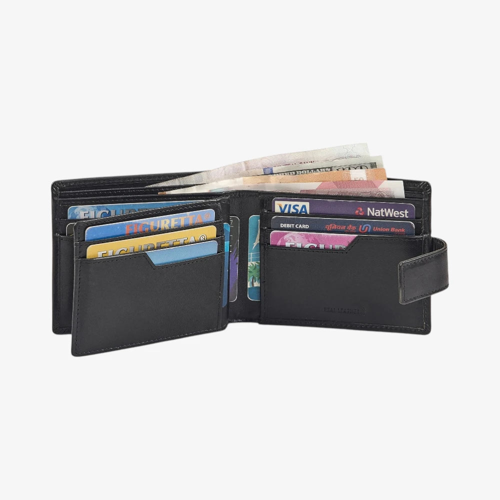 Black wallet with various cards and money on a white background