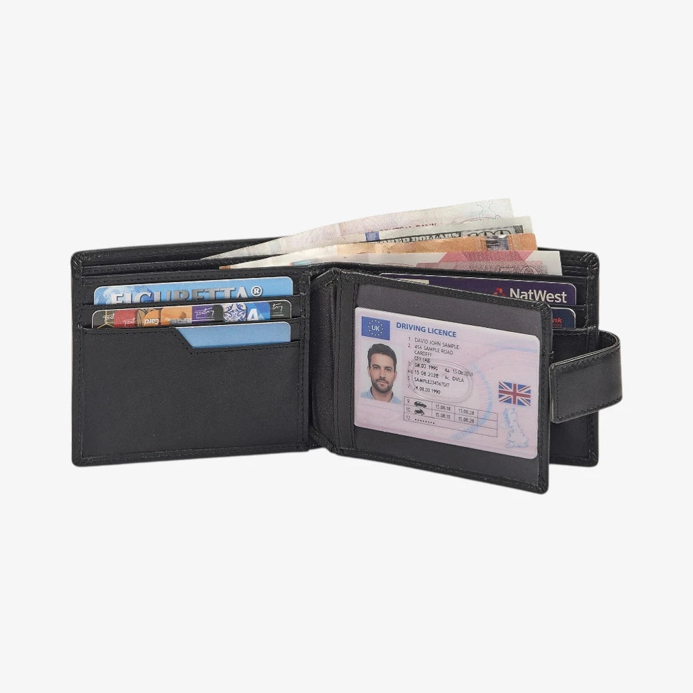 Black wallet with card slots and a driver's license holder on a white background