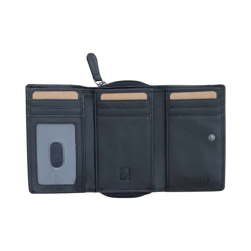 Black leather wallet with multiple card slots and a zipper pocket on a white background