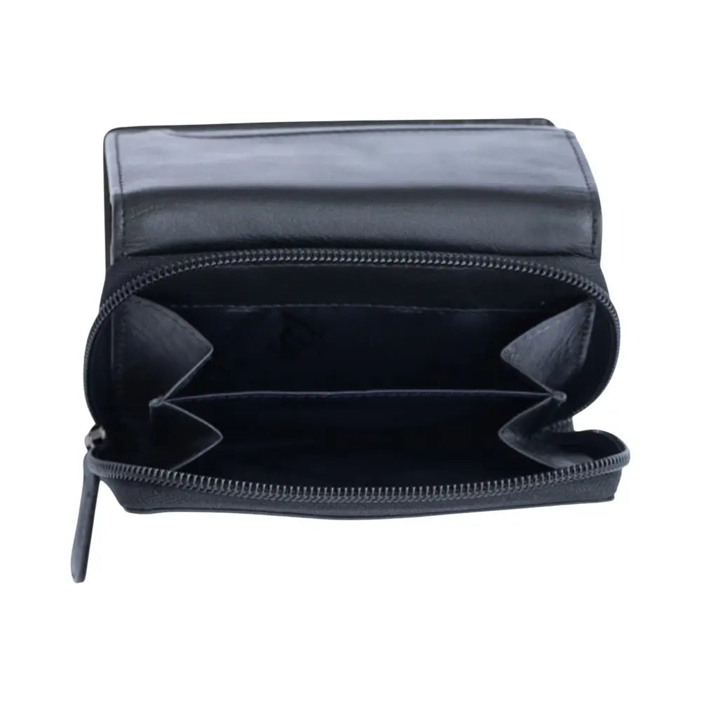 Black leather wallet with clear top on a white background