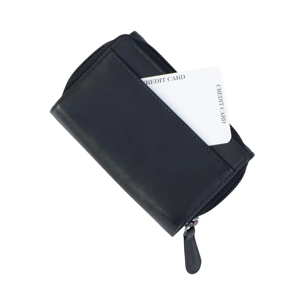 Black wallet with a credit card peeking out on a white background
