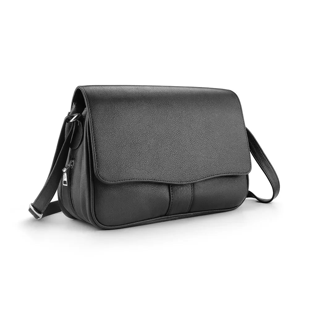 Black leather handbag on a white background