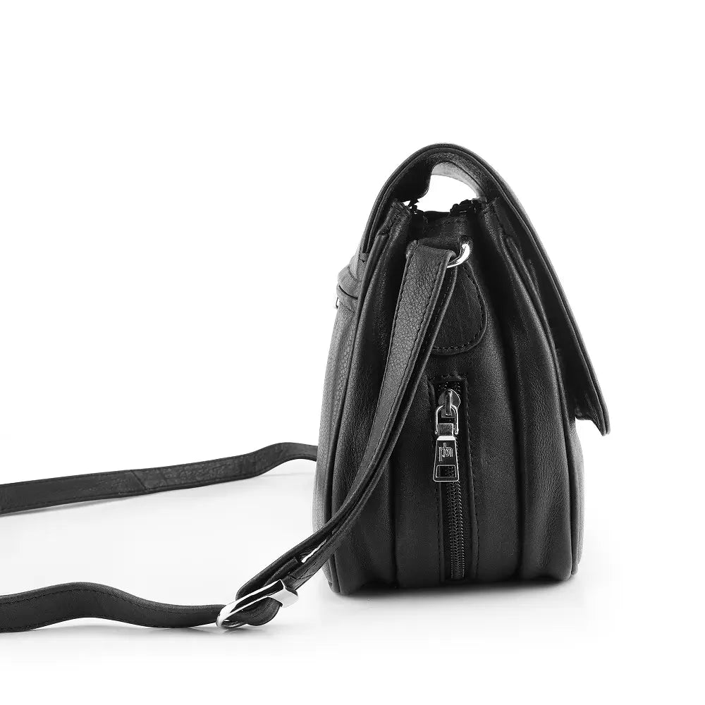 Side view of Victoria black leather organiser bag showing adjustable shoulder strap