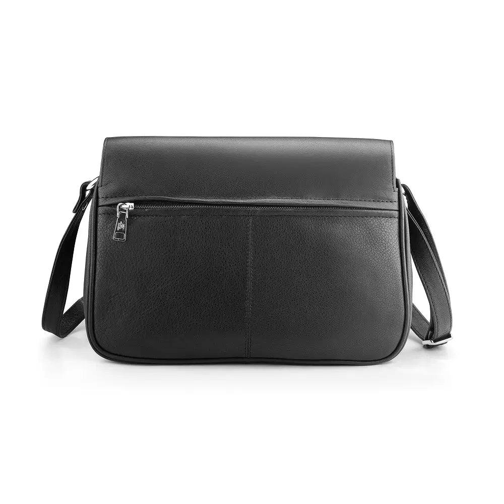 Back view of Victoria navy leather organiser bag showing zipper