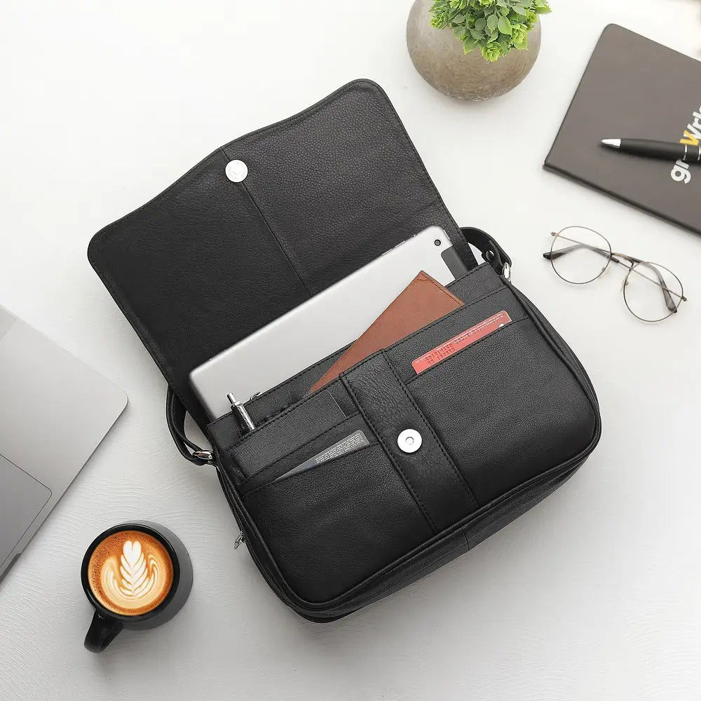 Lifestyle view of Victoria navy leather organiser bag