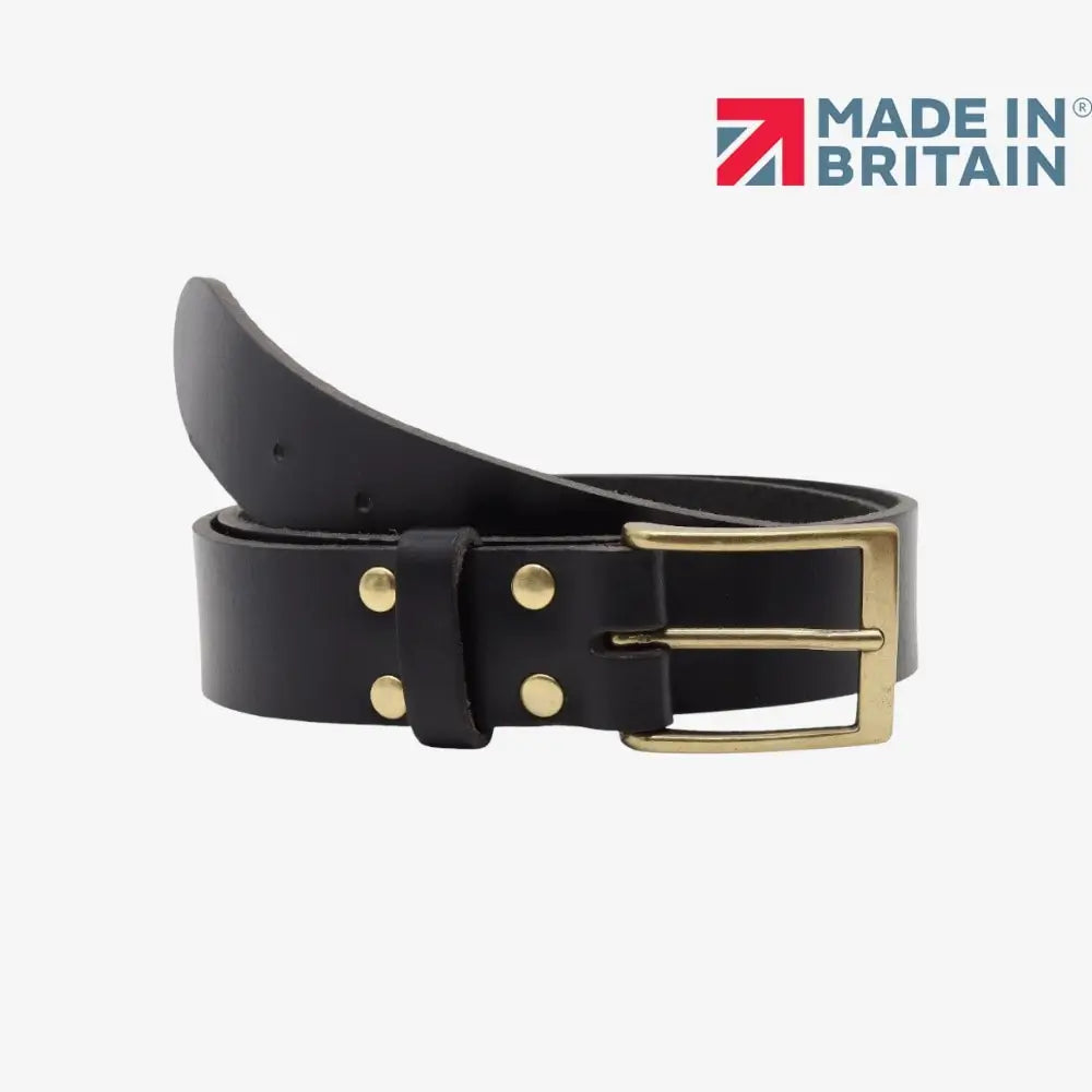 Black leather belt with gold buckle on a white background, featuring 'Made in Britain' logo.